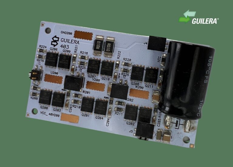 Close-up of a Guilera electronic control and power management PCB with MOSFETs, resistors, capacitors and protection circuitry for industrial and mobility applications.
